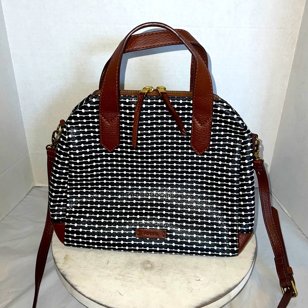 Fossil Sydney Fiona Leather Black White Brown Purse Handbag Crossbody EUC